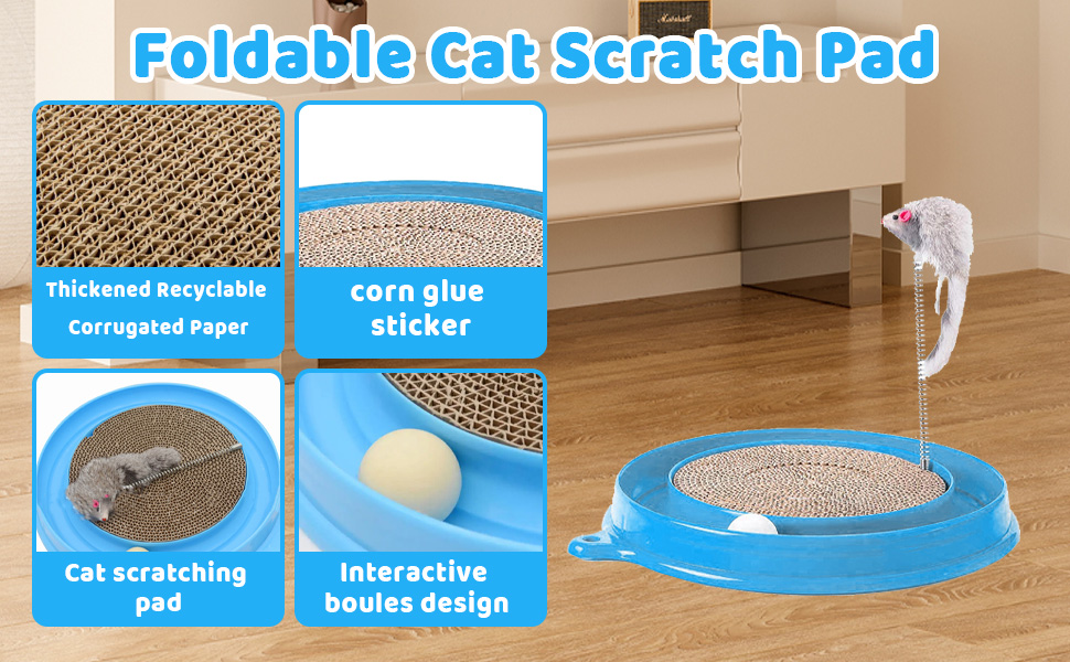 Кігтеточка для котів з м'ячиком та іграшковою мишкою - інтерактивна іграшка для кошенят, тренування та розваги. Ігровий мат для котів, синій.