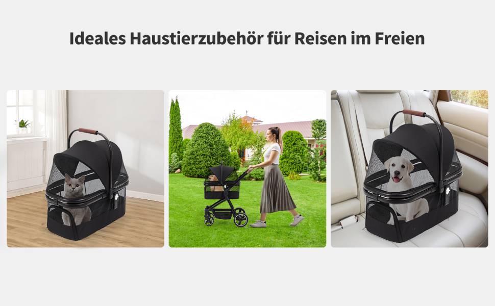 Складаний візок для собак та візок-буги для тварин до 15 кг, одноярусний, з повідцями безпеки, сітковими вікнами та місцем для зберігання, ідеальний для подорожей та прогулянок, чорний