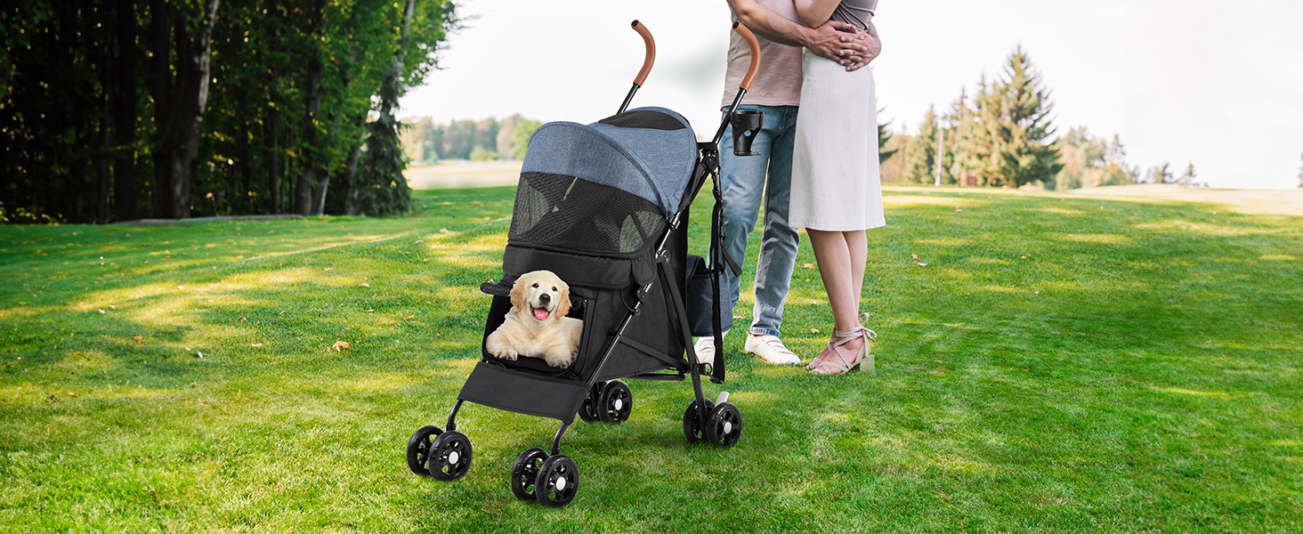 Візок для собак та котів YITAHOME 11,3 кг, складаний, з кошиком, сіткою, тримачем для напоїв, поворотні EVA колеса, дверцята (Синьо-чорний)