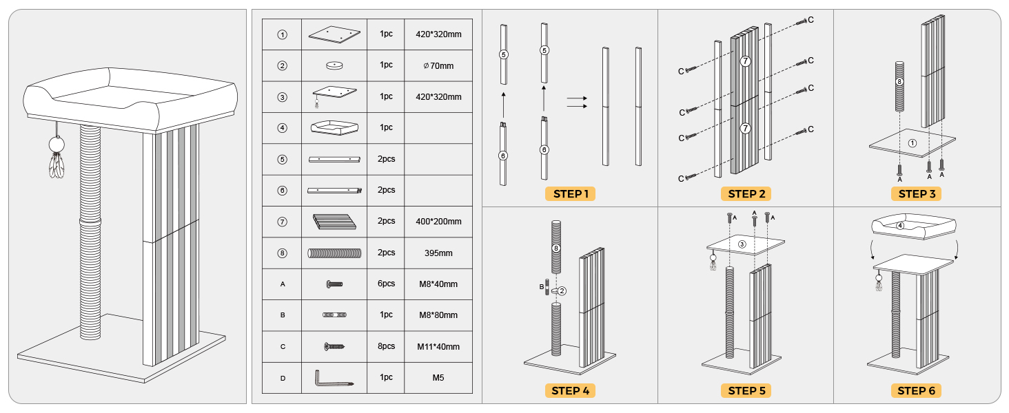 Дряпалка для котів Veehoo, 90 см, сіра. Стабільна дряпка з платформою та іграшками. Підходить для кошенят та дорослих котів. Розміри: 46 x 37 x 90 см