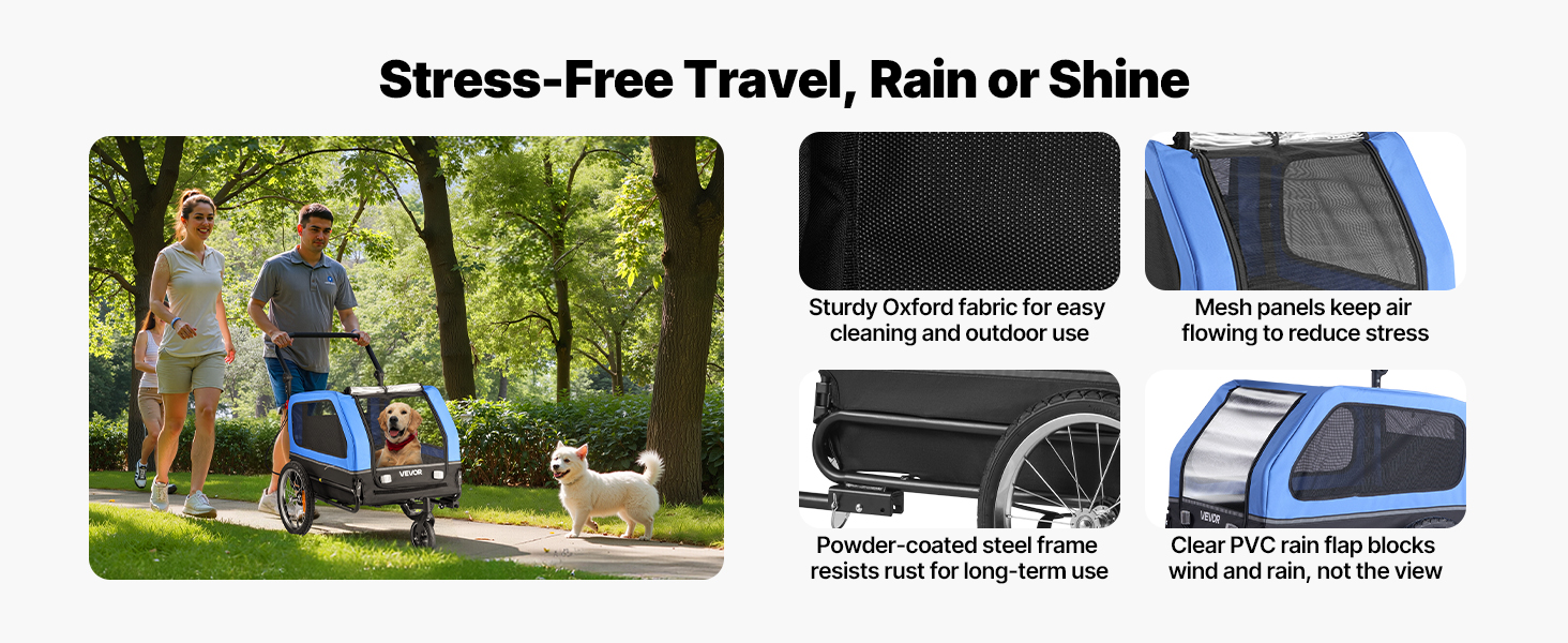 Причіп для собак VEVOR до 40 кг, 2-в-1, для маленьких та великих собак, з розкладним каркасом, універсальний з'єднувач, з прапорцем, внутрішній поводок, 1380x755x800 мм