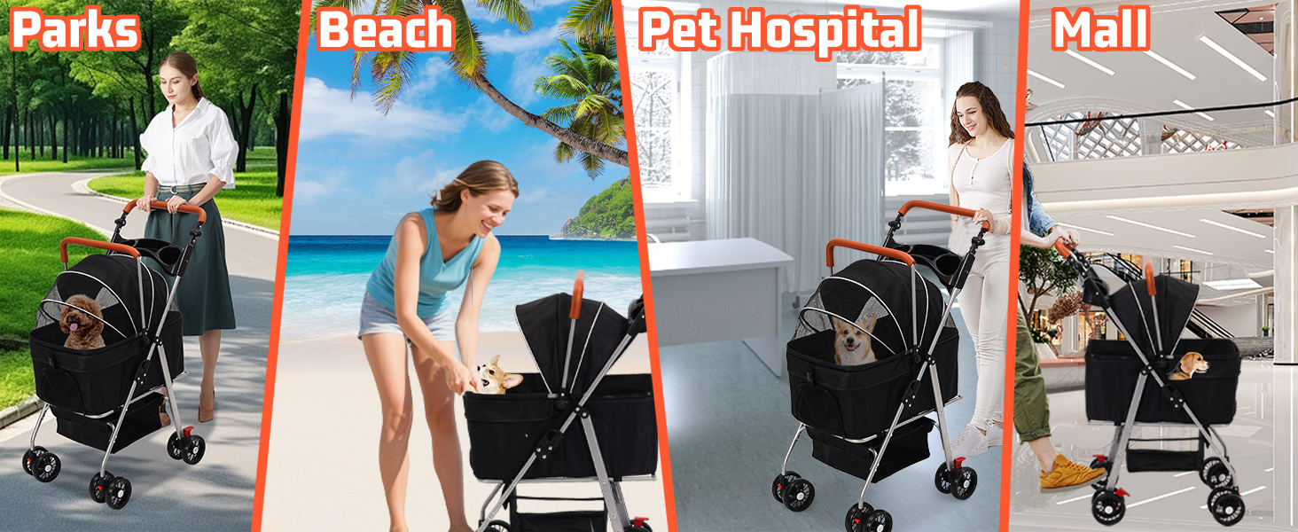 Візок для собак 3 в 1, до 20 кг, складний, з колесами, кошиком, сіткою, тримачем для напоїв, регульованою ручкою, для собак та котів