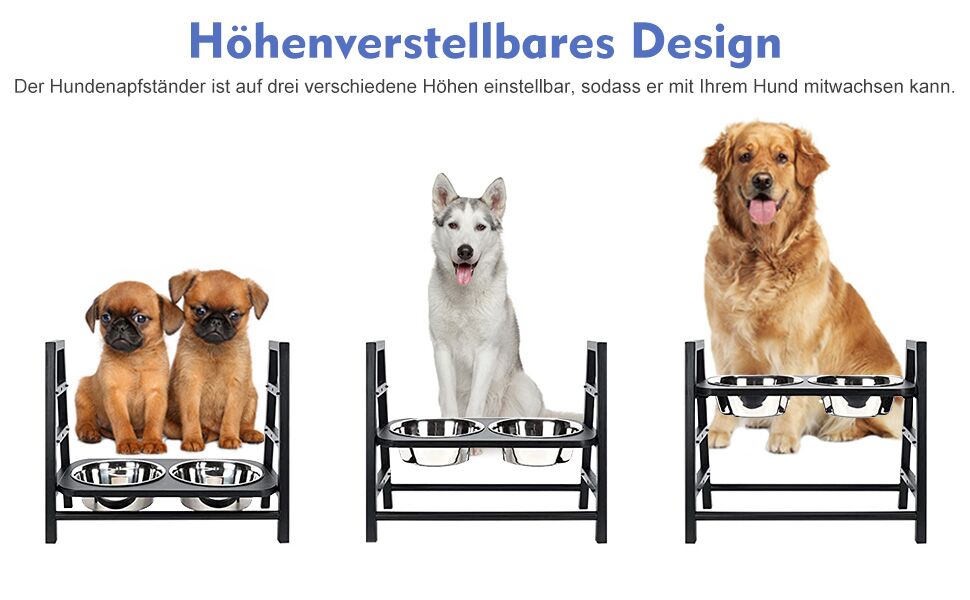 Підставка для годівлі собак з регулюванням висоти, дерев'яна, з двома мисками з нержавіючої сталі, нахил 15°, регулювання по висоті в 3 положеннях