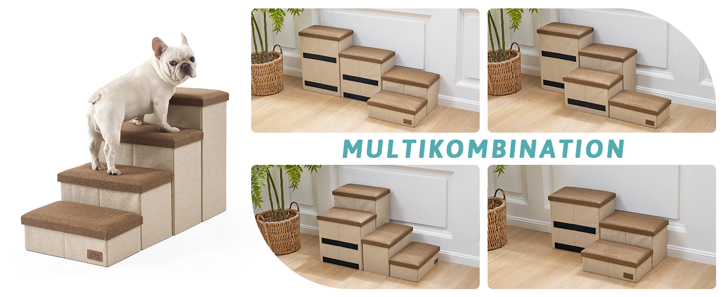 Сходинка для собак маленьких порід зі зберіганням, широка, складна для ліжка та дивану, з неслизьким покриттям, вологостійка (3x97x56 см), колір: коричневий, 4 ступінці, розмір: 43x97x56 см