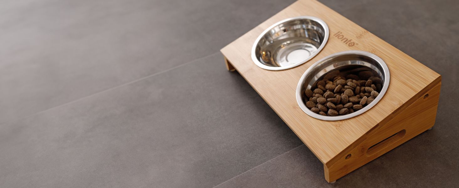 Підвищений годівниця для собак Lionto з бамбуку, 35x20x10 см, подвійний набір мисок для собак та котів, 2 миски з нержавіючої сталі Ø 14 см, об'єм кожної миски 250 мл, неслизька та щадяча суглоби