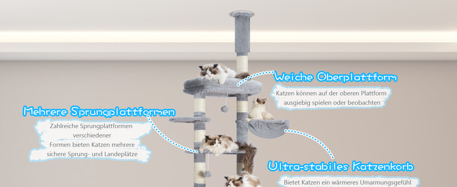 Котячий будиночок Hey-brother Kratzbaum: регульований котячий комплекс 250-280 см, до стелі, для великих котів, з гніздом, сірий, 0MPJ091W