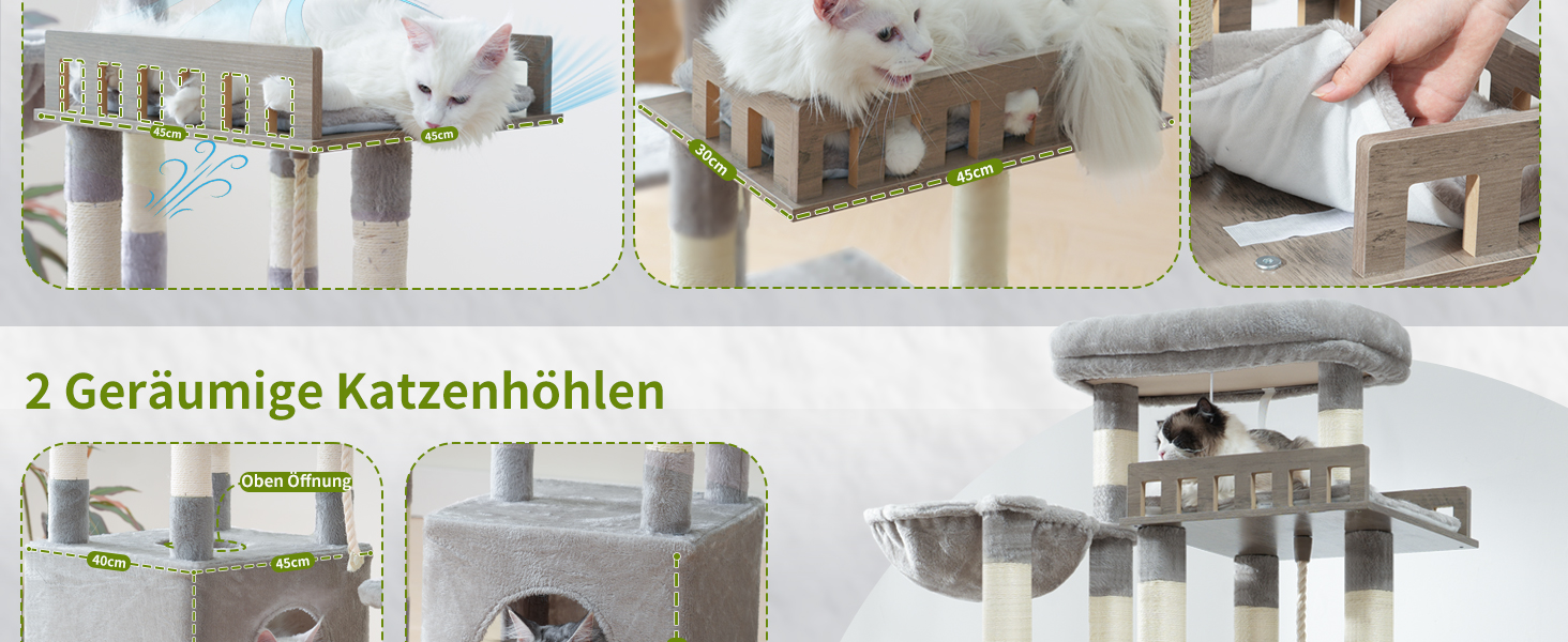Котячий будиночок Kratzbaum: великий, з гамаком, 2 печери, 15 стовпчиків для дряпання (174см, світло-сірий)