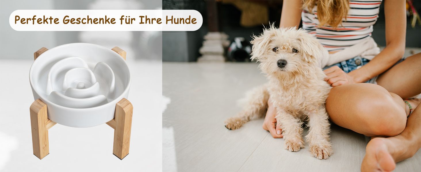 Миска для собак антиблік з кераміки, піднята - миска для собак на бамбуковому антиковзному підставці, миска для повільного годування, для собак маленьких та середніх порід, біла, діаметр 17 см, 1.25 CUP