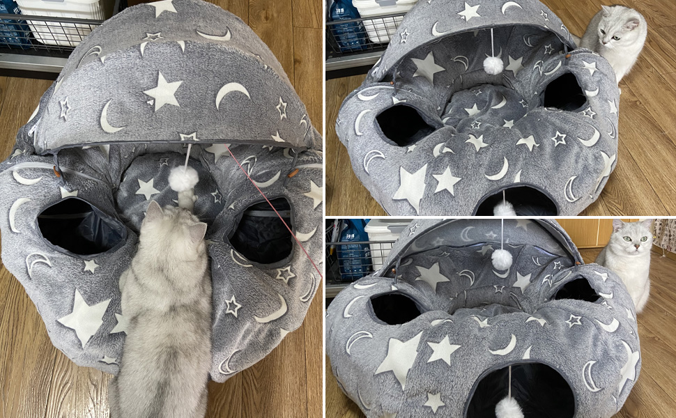 Кішка ліжко з підсвіткою, великий плюшевий тунель для котів з м'ячиком, велика шуршача печера для котів, іграшка для котів, кроликів або цуценят, сірий колір + світиться в темряві