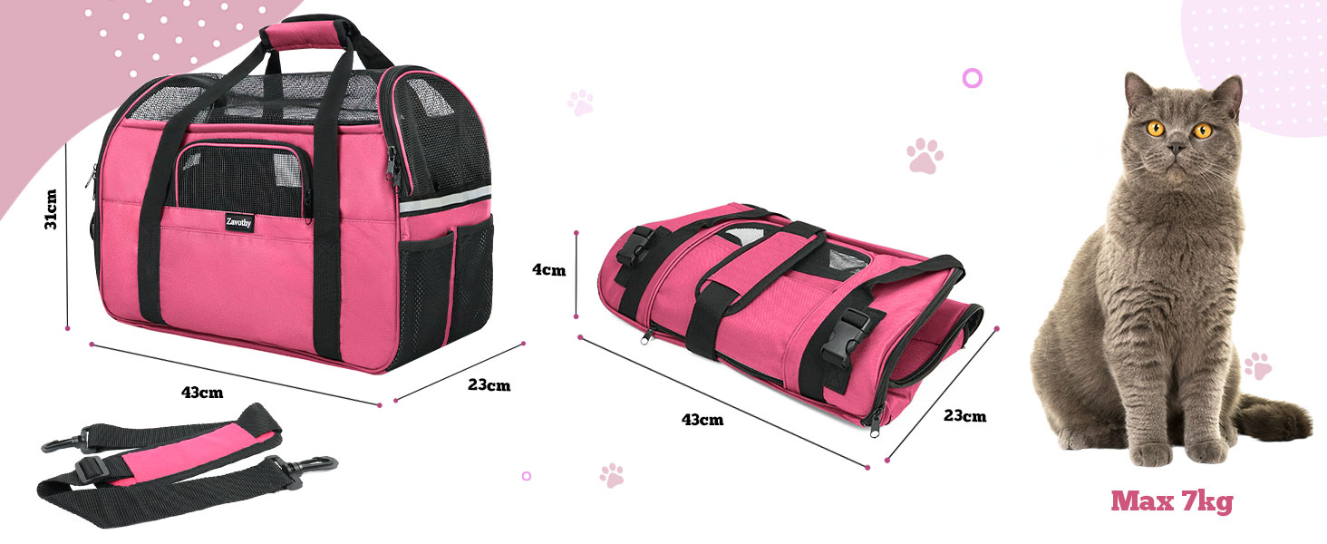 Транспортна сумка для котів та собак Zavothy, рожева, розмір M, з м'яким матрацом та регульованим ременем