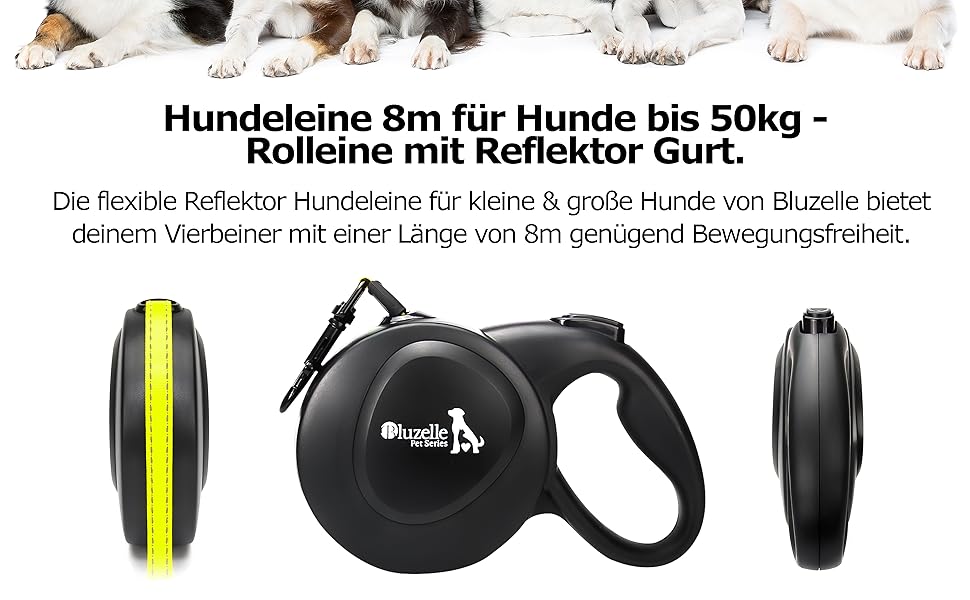 Рулетка для собак Bluzelle 8м, до 50кг, Neon-Yellow, з металевим карабіном 360°, зручний гумовий хват, стопорна система