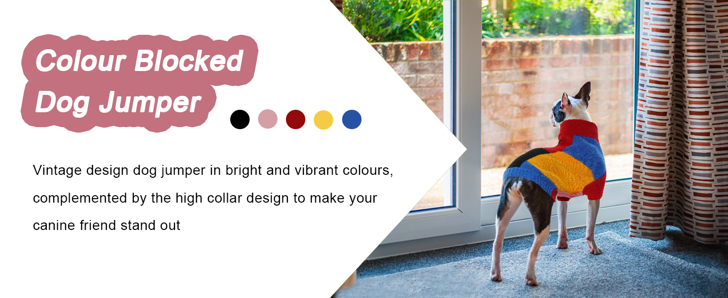 Вовняний пуловер для собак Hjumarayan, вінтажний стиль, отвір для повідка, блоковий колір, пуловер з коміром-стійкою для маленьких собак, теплий, червоний S