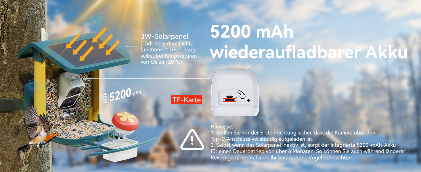 Сонячна годівниця для птахів з камерою 2K, з AI розпізнаванням понад 10 000 видів, об'єм 1.8L, IP65 водонепроникна, Wi-Fi 2.4 GHz/5 GHz, нічне бачення, подарунок для любителів птахів