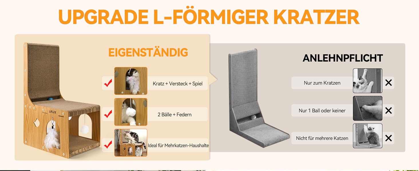 Крізь-дошка для котів LIFLIX L-подібної форми, 67 см, з будиночком для ігор та відпочинку, захист меблів