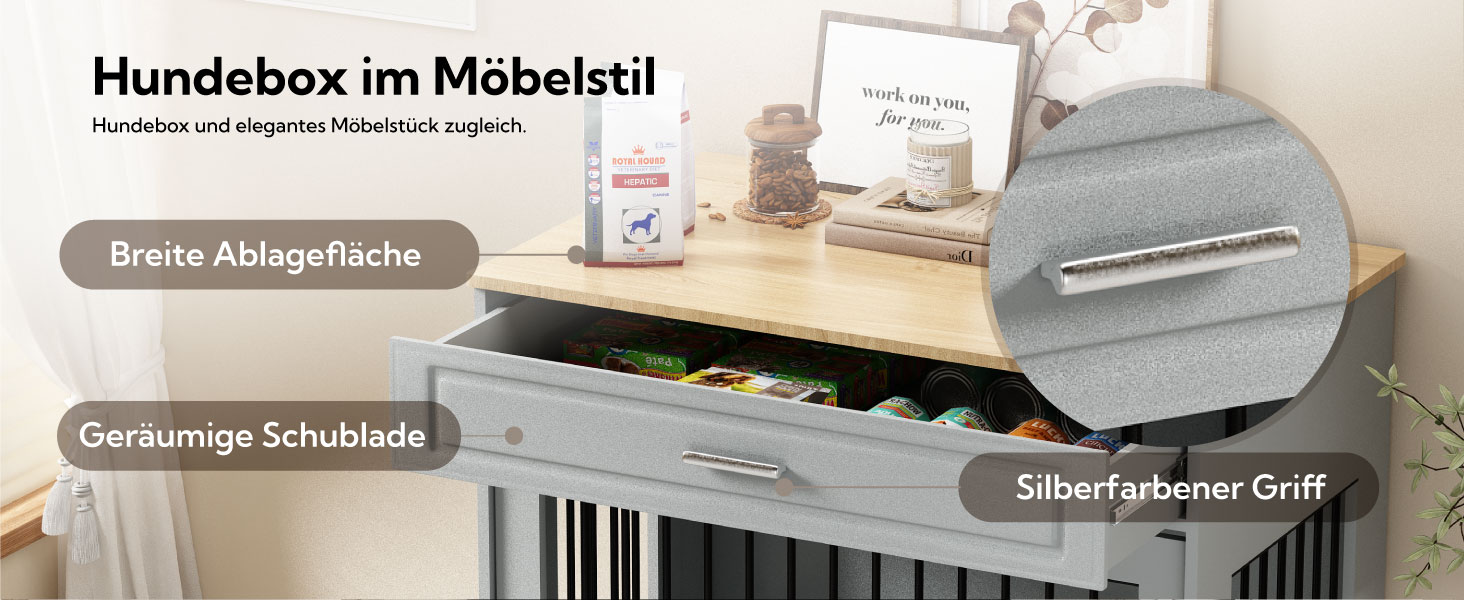 DAWNYIELD Клітка для собак, меблі, дерев'яна з відкидною дверцятами та шухлядою, стиль меблів, внутрішній вольєр для собак, стіл з поворотним миском на 360°, білий колір, біла розсувна дверцята (сіра розсувна дверцята)