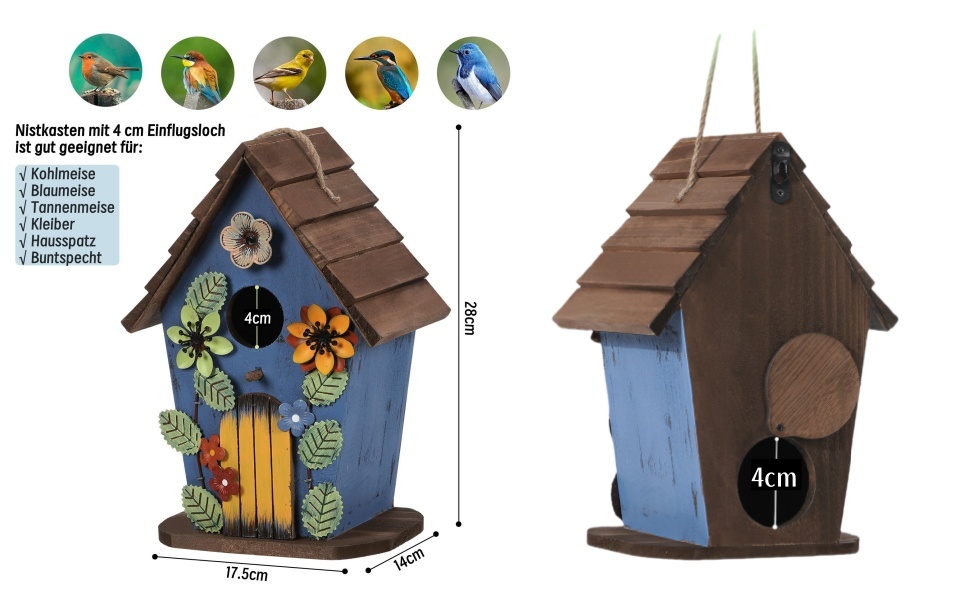 Дерев'яний будиночок для птахів JAZUIHA - годівниця для диких птахів, садовий декор, 40 мм отвір