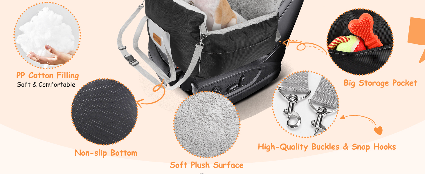 Автокрісло для собак Nobleza - зручне ліжко для маленьких собак, з кишенями та змінним подушкою, 58x56x33 см, бавовна, плюш, пластик/метал