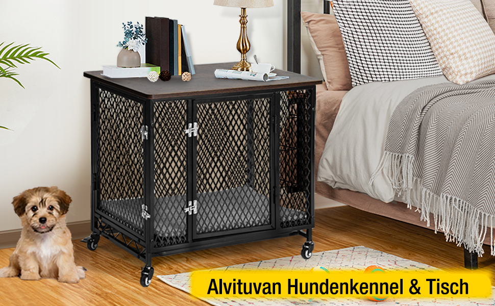 Ліжко-будиночок для собак Aivituvin XL: дерев'яна клітка-тумба з кришкою-столом, переносний вольєр для середніх та великих собак, чорний