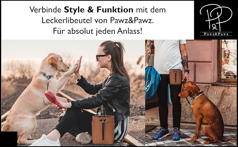 Pawz&Pawz Лекарлики для собак | Стильний набір для годування та дресирування | Практичний, міцний кишенька для ласощів + диспенсер для відходів | Сумка для прогулянки з собакою, коричнева