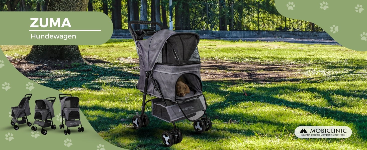 Візок для собак Mobiclinic® Pets, сірий, до 15 кг, з великим кошиком, 3 вікна, гачок для води, поворотні колеса з гальмом