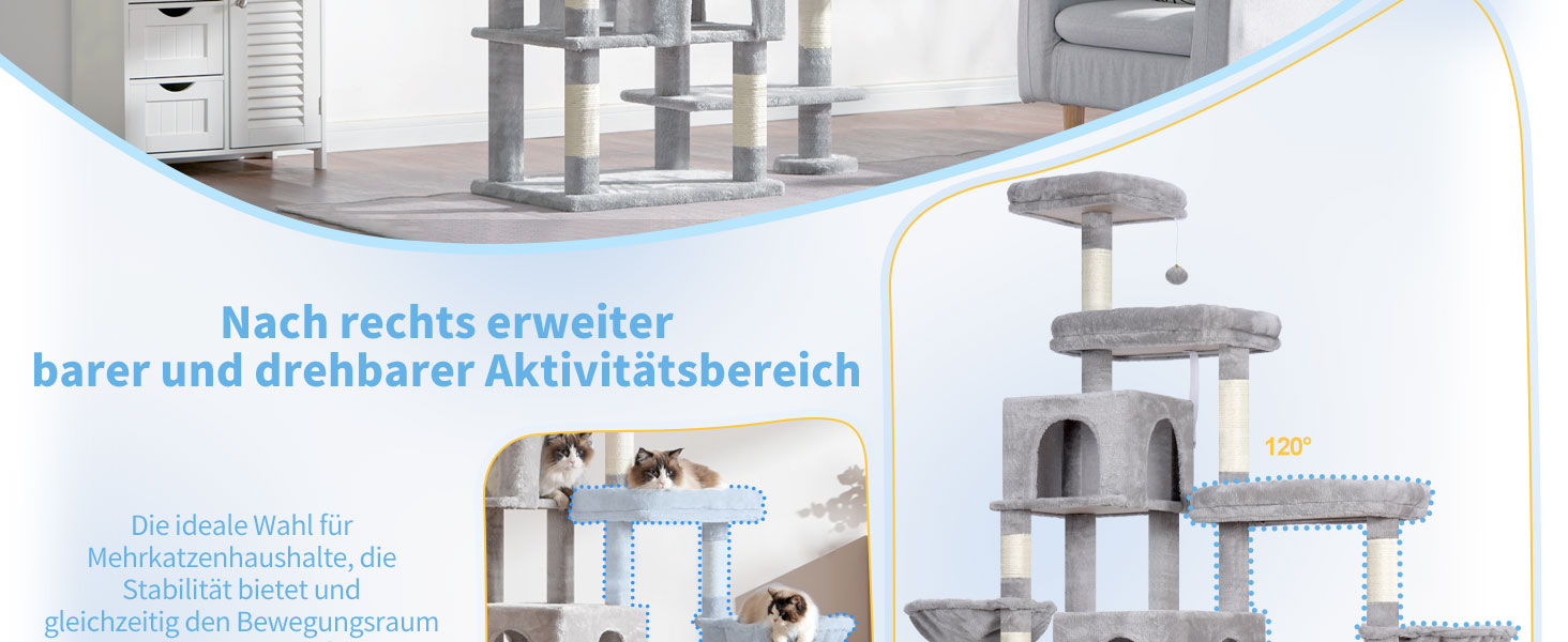 Котячий будиночок Hey-brother XXL для великих котів, 180 см, сірий, з 3 платформами, 2 кошиками та великою печерою