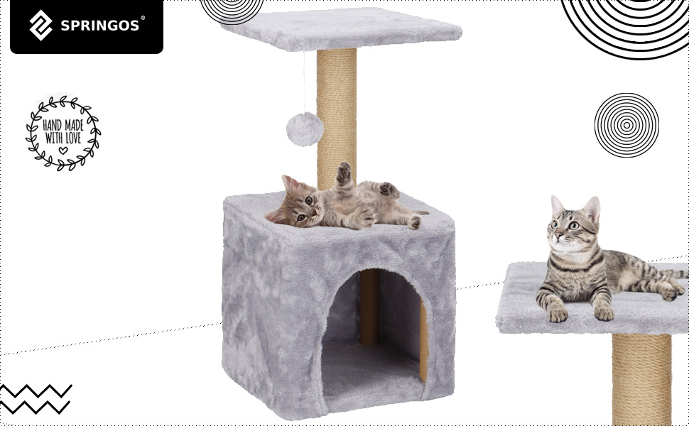 Кігтеточка SPRINGOS для котів з лежанкою, 245 см, сіра, регульована висота