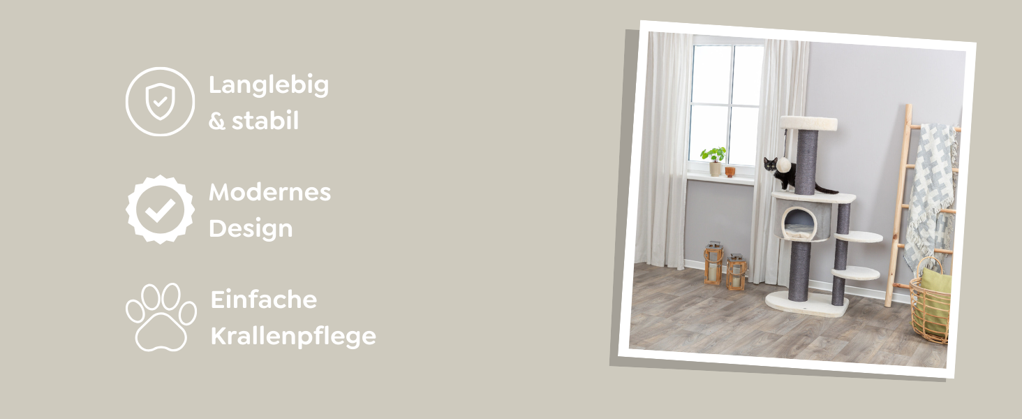 Дерев'яний будиночок для котів TRIXIE Marcello, 114 см, бежевий – багатоповерховий котячий будиночок з місцями для дряпання та іграми, стабільний та затишний