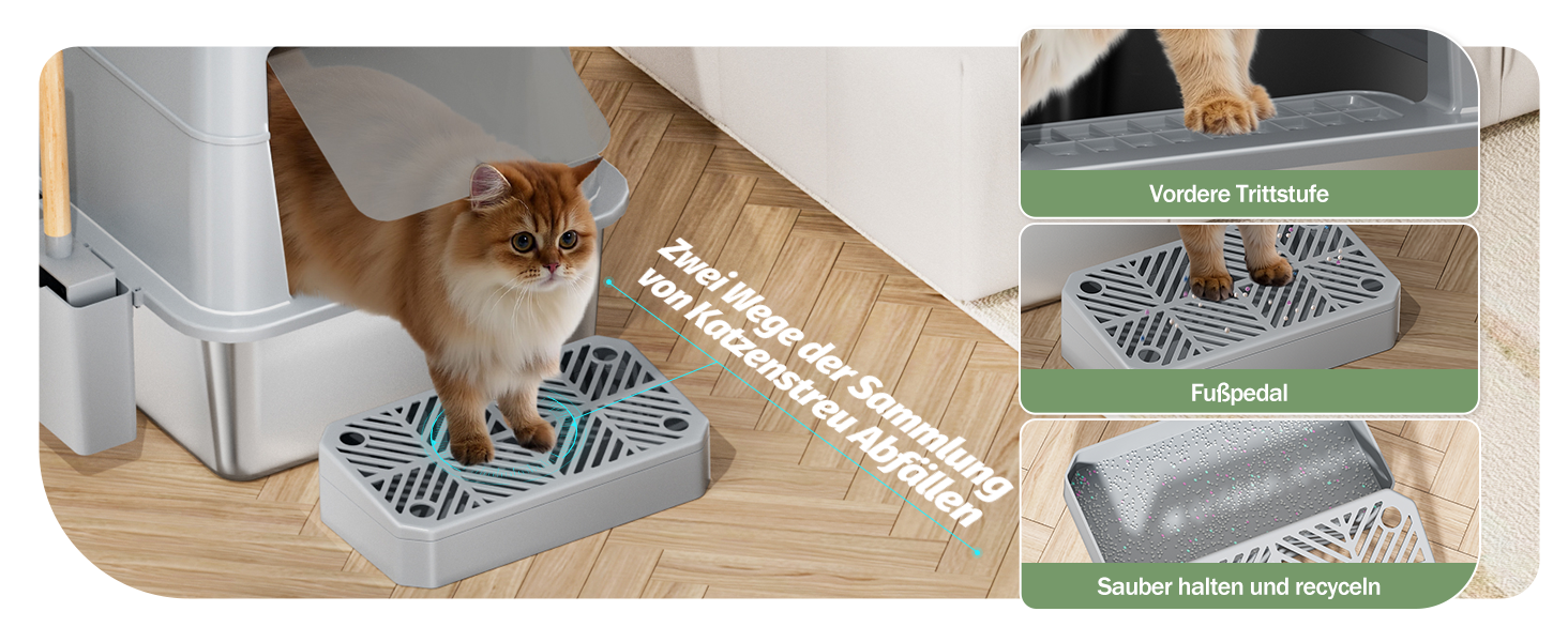 XXL Лоток для котів зі сталі з кришкою, 110° поворотна кришка, закритий лоток для котів, великий об'єм 40л з совочком та педальним механізмом, без запаху, захист від протікання та легке очищення, 60х42х44 см