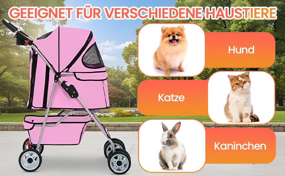 Візок для собак FDW, складаний, для котів та собак, з обертовими колесами на 360°, з кошиком для зберігання, подушкою та сітковими віконцями, утримувачем для напоїв, до 15 кг, рожевий