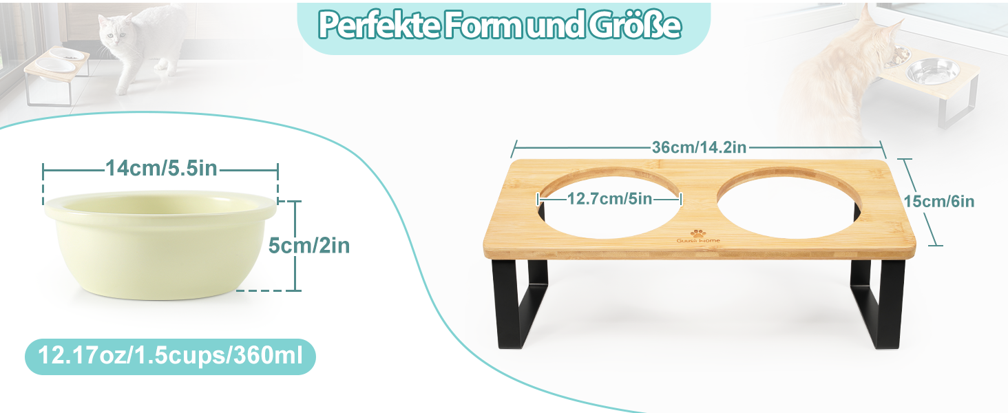 Набір мисок для котів GUUSII HOME (2 шт.) з кераміки, 360 мл, для корму та води, бежевий, 14 см, миски для котів, машиномийні