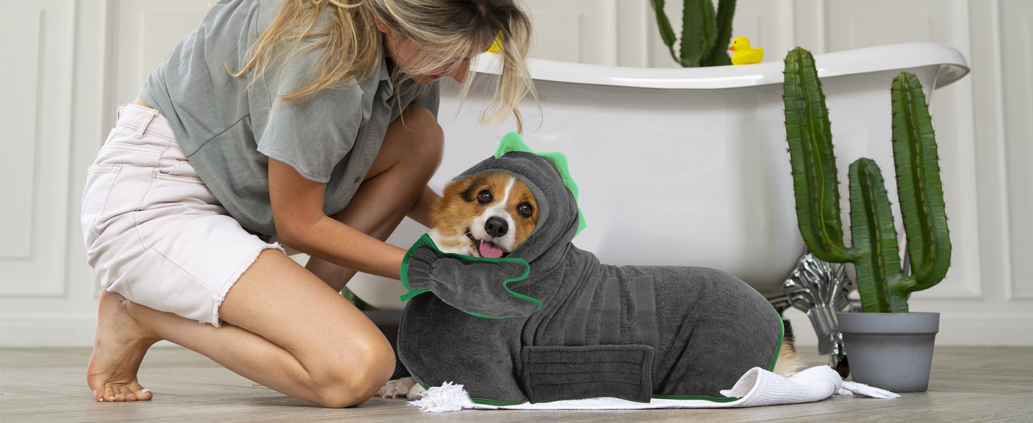 Рушник для собак з мікрофібри, халат для собак, швидковисихаючий, з регульованим коміром на липучці, для великих, середніх та маленьких собак/котів (Сірий зелений, M)