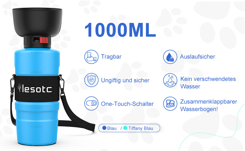 Складана пляшка для води для собак Lesotc 1000 мл, витоку немає, блакитна