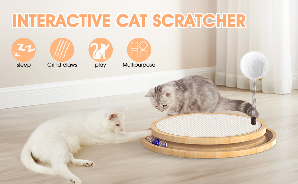 Кігтеточка з сизалю для котів з дзвіночком та м'ячиком, інтерактивна іграшка-кульова дорога для фізичних та ментальних вправ