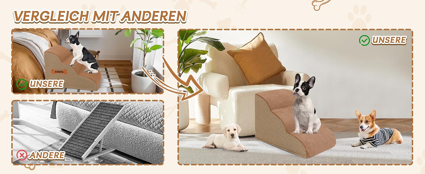 Сходинки для собак та котів ROMROL – 4 сходинки, коричневі, з неслизьким покриттям, з memory foam, для захисту суглобів