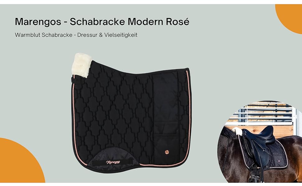 Schabracke Marengos Modern Rosé для теплокровних коней: м'яка підкладка, захист гриви та хребта, бароковий дизайн з квітковою стежкою та декоративною корделлю | підходить для виїздок та універсального використання, чорний колір