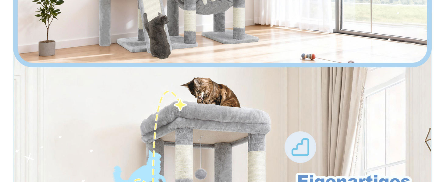 Котячий будиночок Hey-brother Kratzbaum: велика платформа, 2 печери, гамак, сизаль, кошик, 127 см, MPJ071W