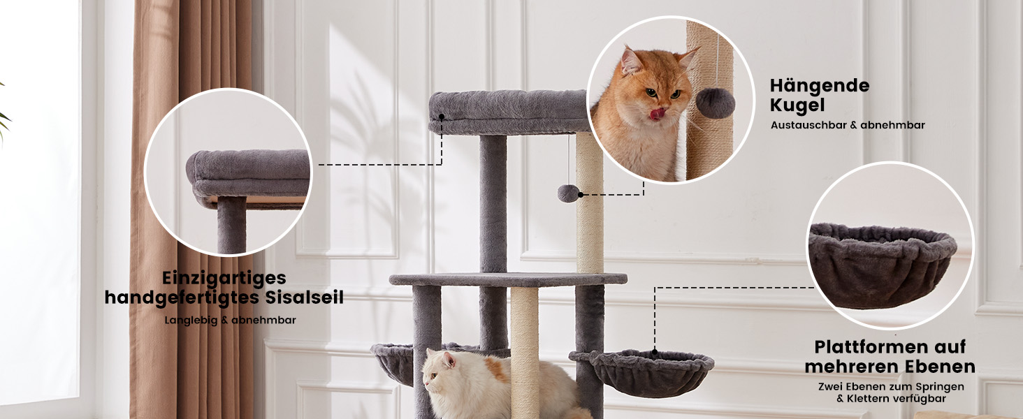 Дерев'яний кігтеточки для котів Gardner Pet Katzenbaum, 105 см, з платформою, 2 печерами, кошиком, сірий, для дому