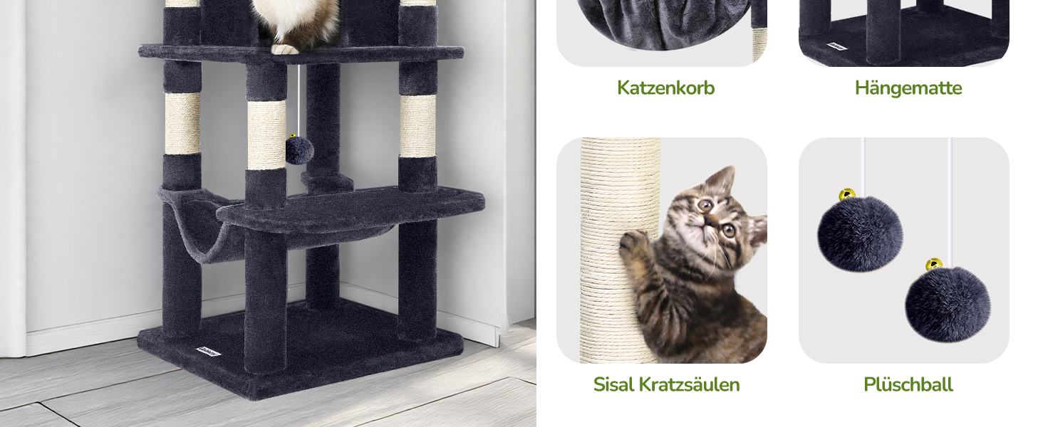 Котячий будиночок Globlazer з когтеточкою, 130 см, XL, темно-сірий. Стабільний кутовий комплекс з будиночком, платформою, гамаком та м'яким кошиком для великих котів.