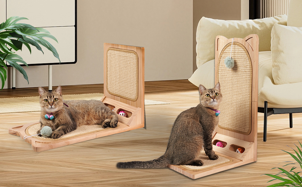 Котячий когтетоп MALOROY з масивного дерева, 58 см, L-подібний когтетоп з картону, стійкий, з іграшкою-м'ячиком, для стіни та кута