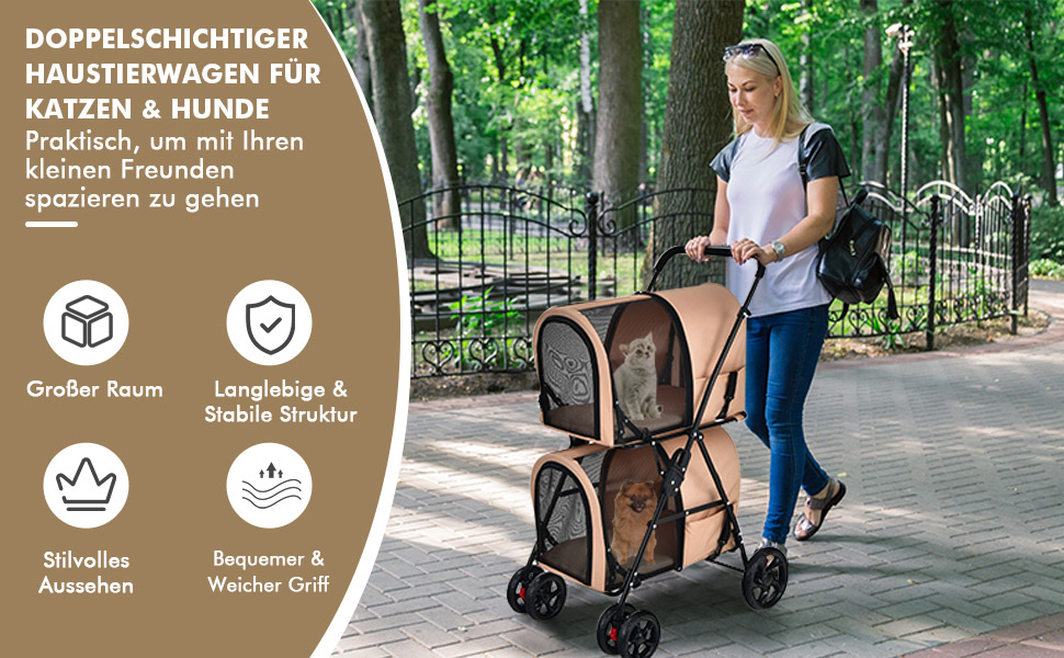 COSTWAY Двоповерховий візок для собак та котів, до 16 кг, з сітчастими віконцями, тримачем для напоїв та гаком для буксирування, блакитний