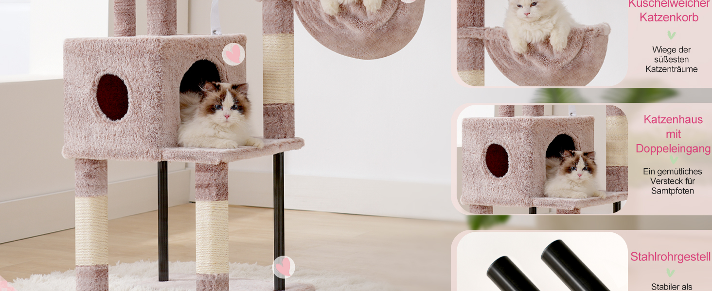 Котячий будиночок Heybly Kratzbaum HCT200SW: зручний когтетоп з будиночком, стійка конструкція 125 см (коричнево-бежевий)