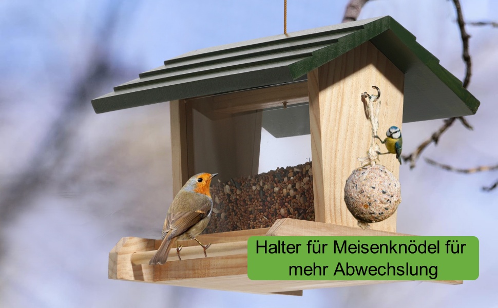 Дерев'яний годівничка для птахів JAZUIHA для дикої природи, годівничка для пташиного корму, годівничка для підвішування з тримачем для м'ясних кульок для метеликів, саду, тераси або балкону