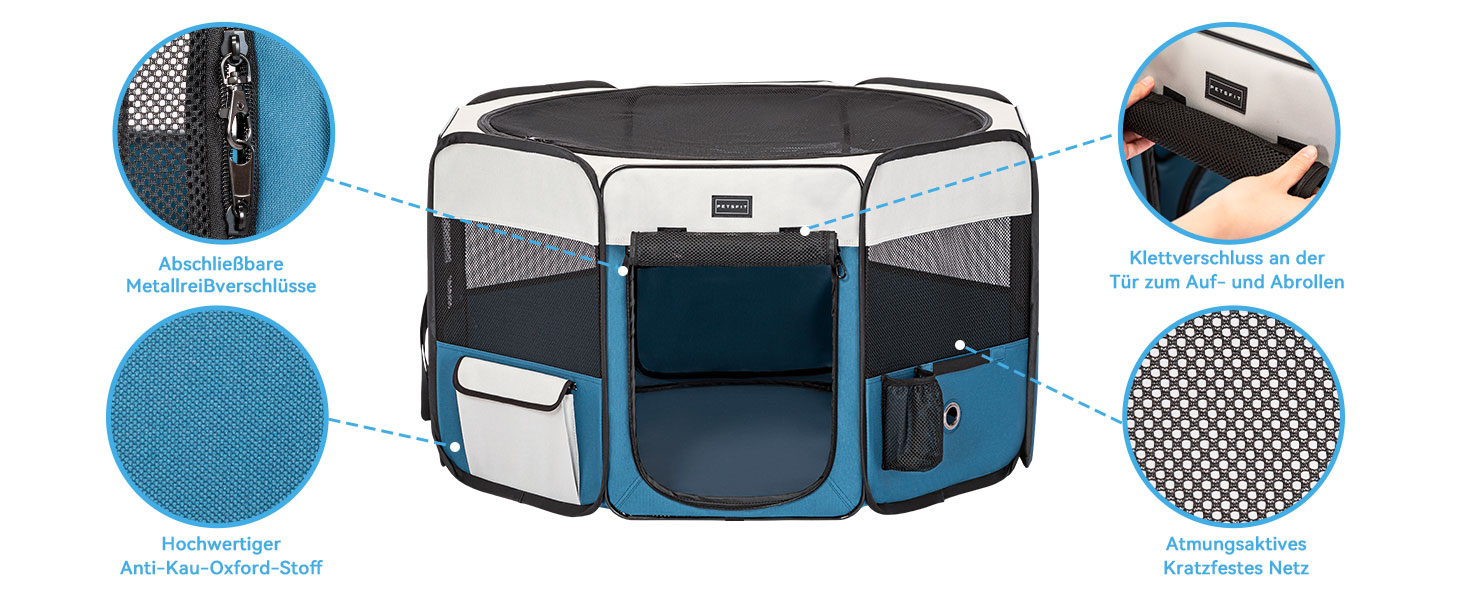 Клітка-вигул для собак та котів PETSFIT, розкладний вольєр для тварин, 75x68x42 см, сірий/блакитний