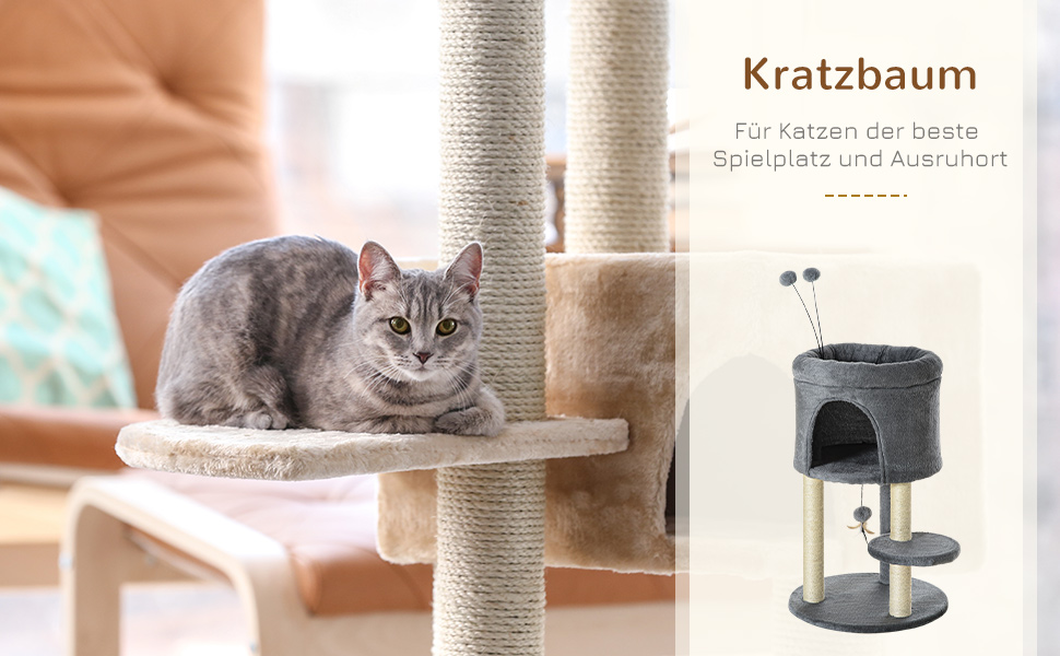 Драбина для котів PawHut 73,5 см з будиночком та іграшкою, сітка з сизалю, котячий комплекс сірий+кремовий