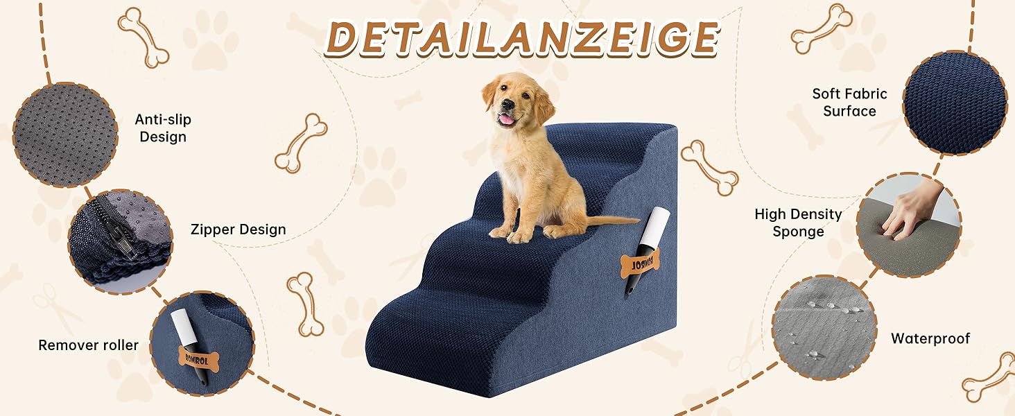 Сходинки для собак та котів Romrol – 4 сходинки, м'який Memory Foam, неслизьке покриття, для захисту суглобів, синій