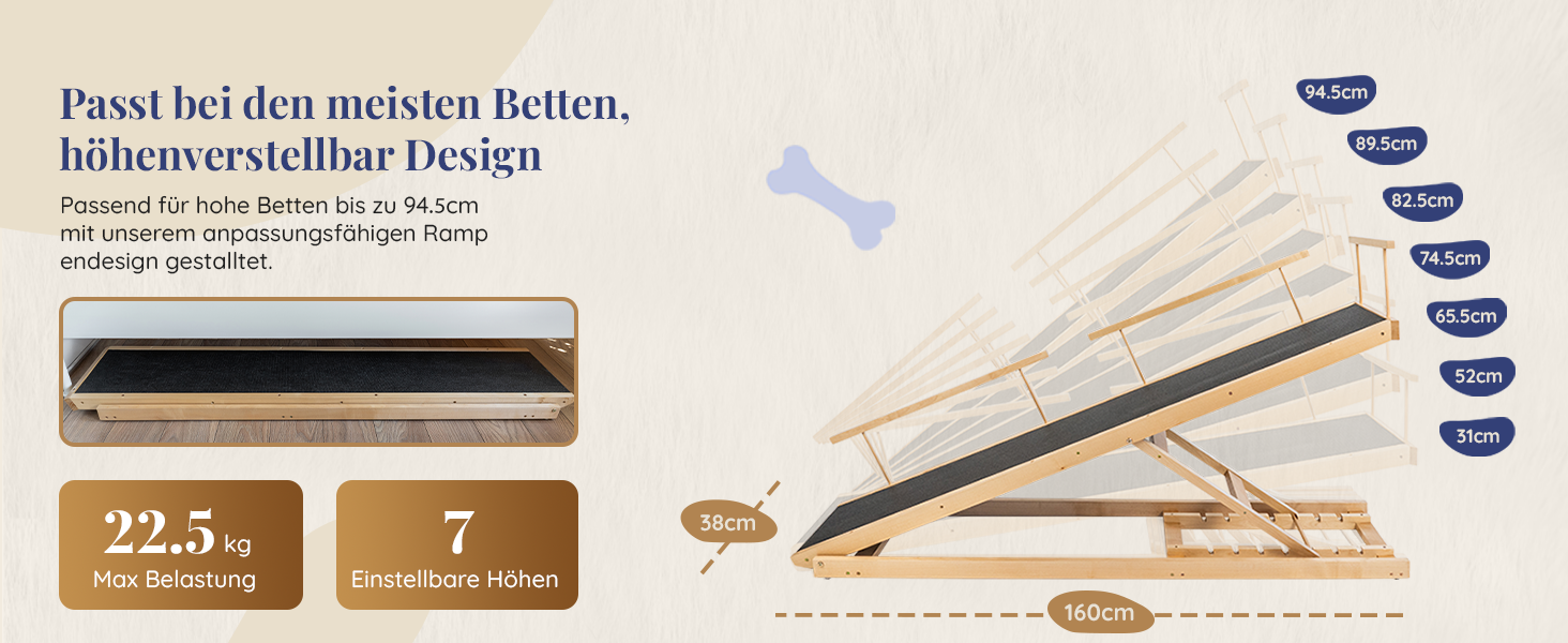 Сходинки для собак PRIORPET з берези з захисним бар'єром - регульована висота до 94.5 см - складаються - антиковзні ручки - для маленьких собак до 23 кг - коричневий (натуральний)