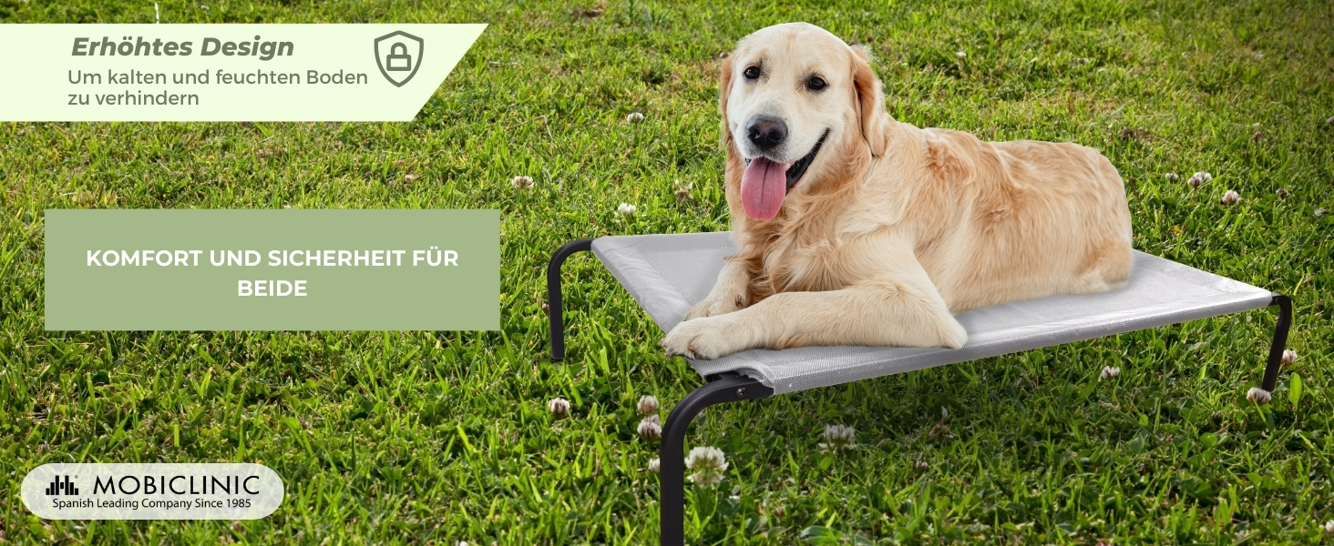 Mobiclinic® Cleo: Підвищене собаче ліжко, сіре, 122x71x21 см. Ізольоване, для внутрішнього та зовнішнього використання, міцне, легко миється, без інструментів, до 60 кг