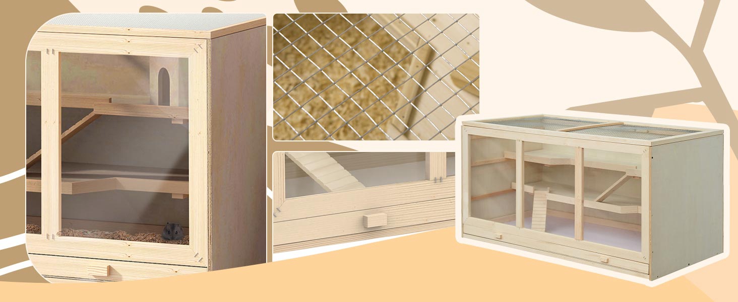Клітка для тварин PawHut, клітка для гризунів з рампою та гойданням, верхня кришка відкривається, знімна піддон, дерево сосна та PS пластик, 115 x 60 x 55 см