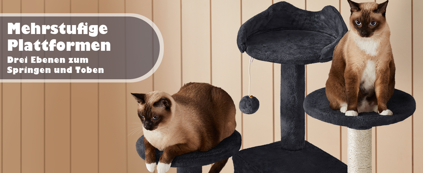 Кігтеточка-кімнатний комплекс Yaheetech 139 см, чорний, з 3 платформами, 3 стовпчиками, 2 хованками та іграшками