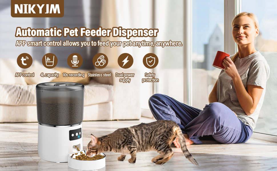 Автоматичний годівник для котів та собак, 4л, з миски з нержавіючої сталі, програмування до 10 прийомів їжі на день, просте керування